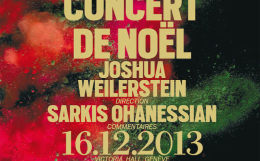 Affiche des concerts pédagogiques de Noël 2013 présentés par Sarkis Ohanessian. On peut lire le titre "Concert de Noël", le nom du chef d'orchestre (Joshua Weilerstein).
