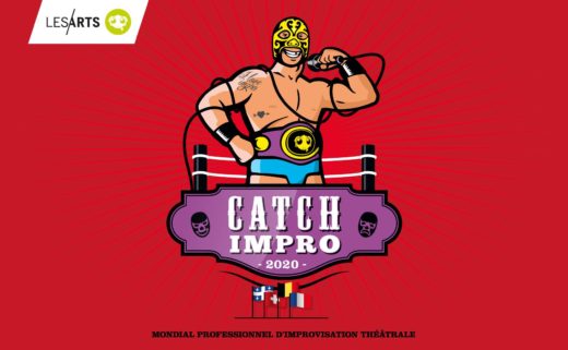 Affiche du mondial de Catch Impro 2020 organisé par la compagnie lesArts. Dessin d'un catcheur dans un ring. Il porte un slip bleu, une ceinture violette et un masque jaune. Il tient un micro à sa bouche.