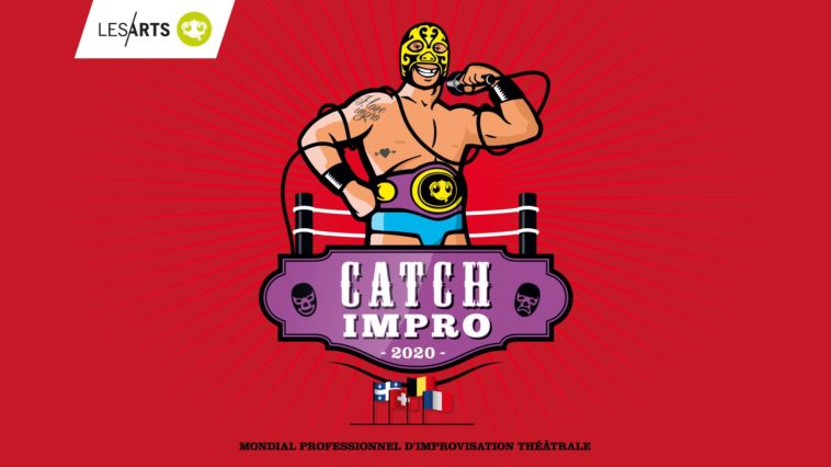 Affiche du mondial de Catch Impro 2020 organisé par la compagnie lesArts. Dessin d'un catcheur dans un ring. Il porte un slip bleu, une ceinture violette et un masque jaune. Il tient un micro à sa bouche.