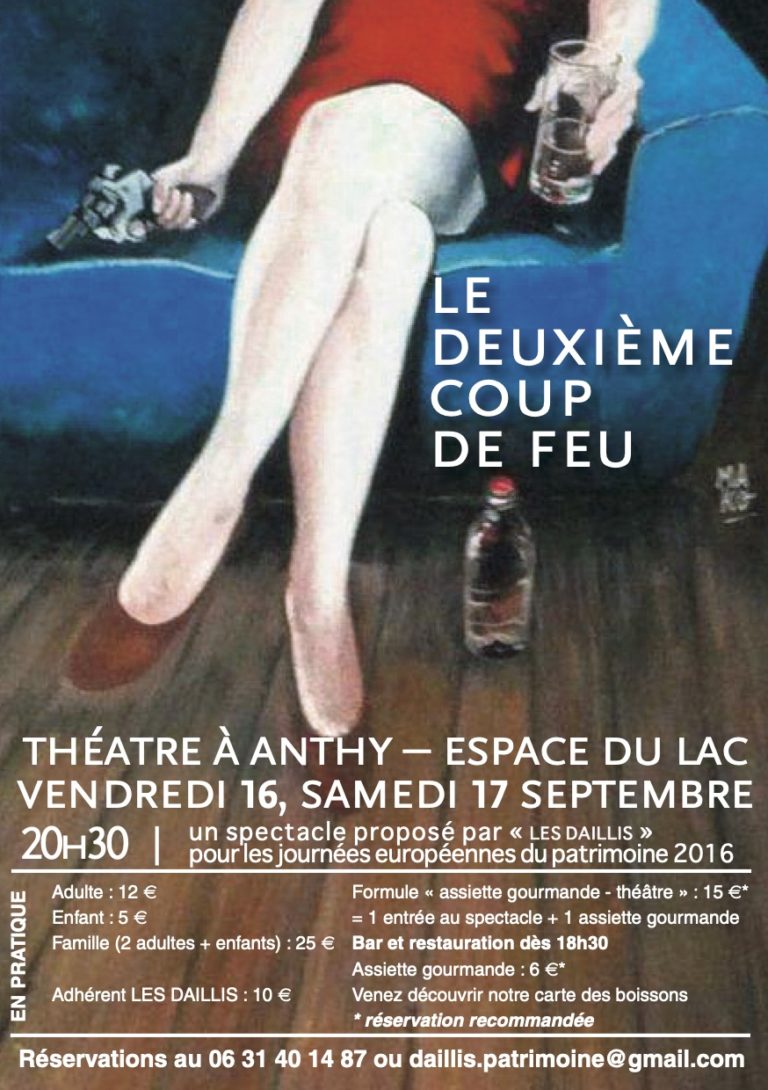 Affiche du "Deuxième coup de feu", pièce de Robert Thomas. Un bas de corps de femme en robe rouge assis sur un canapé bleu avec à la main gauche un verre et dans la main droit un pistolet.