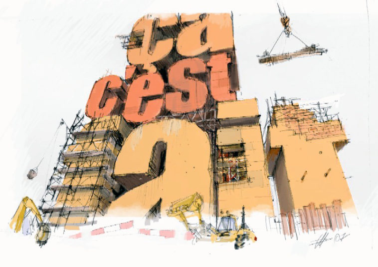 Logo de l'émission "Ca c'est fait" à la Radio Télévision Suisse. Il représente un bâtiment en construction qui écrit le titre de l'émission.