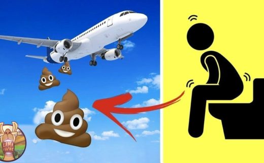 Un avion qui perd des émois caca avec un logo de personnage qui est assis sur des toilettes.