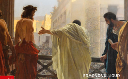 Sur une terrasse, Jésus sur la gauche à moitié vêtu d'un tissus rouge. A sa droite, un homme en toge blanche le montre du bras à la foule.